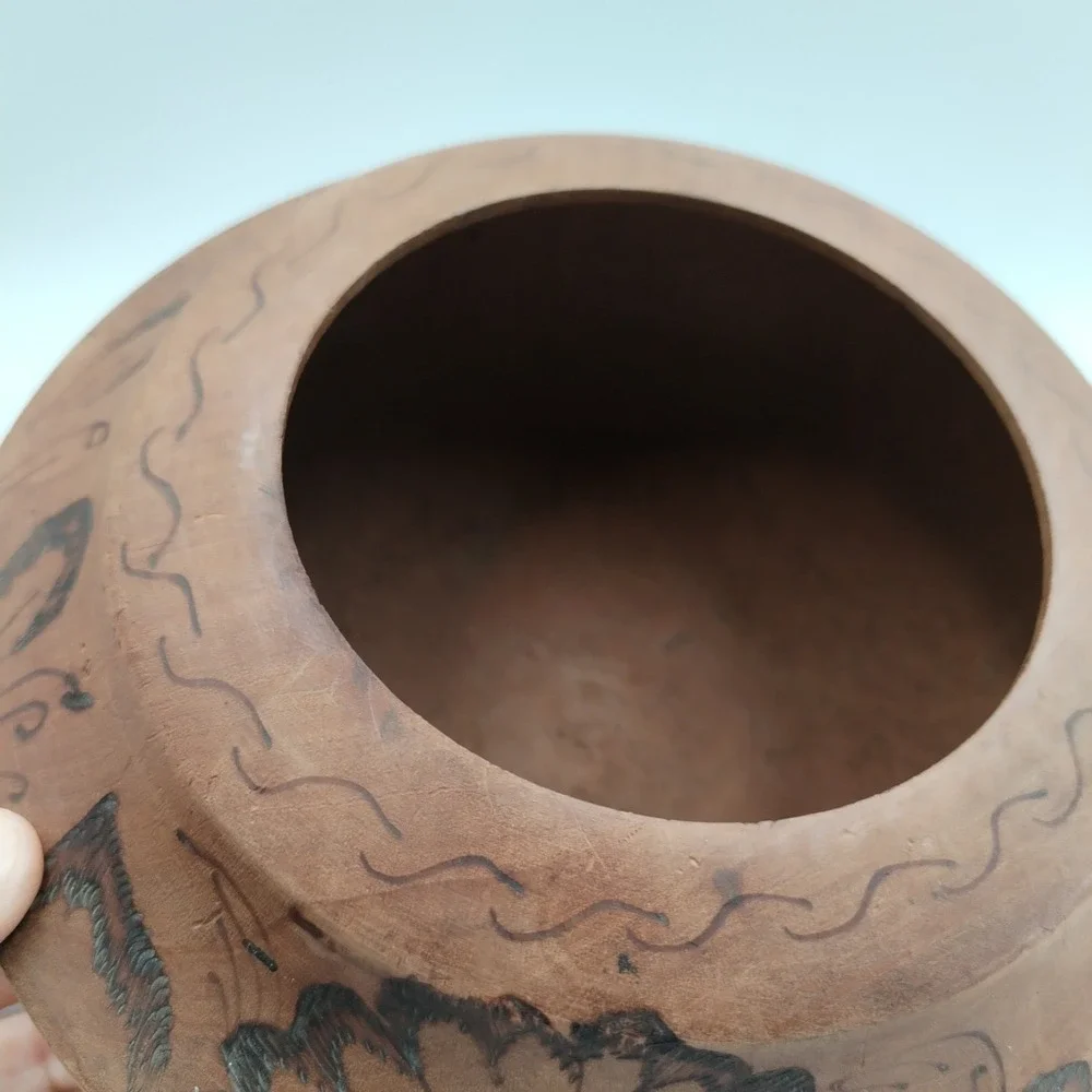 Vintage Hand Turned Wood Bowl Pyrography Floral Design Wood Burned Folk Art Boho